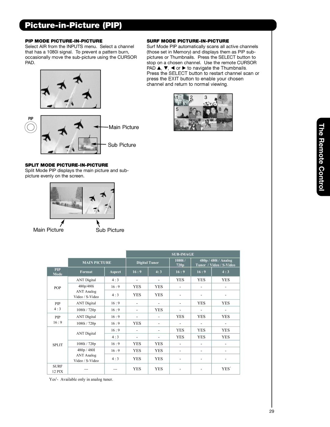 Hitachi 55VG825 PIP Mode PICTURE-IN-PICTURE, Split Mode PICTURE-IN-PICTURE, Surf Mode PICTURE-IN-PICTURE 