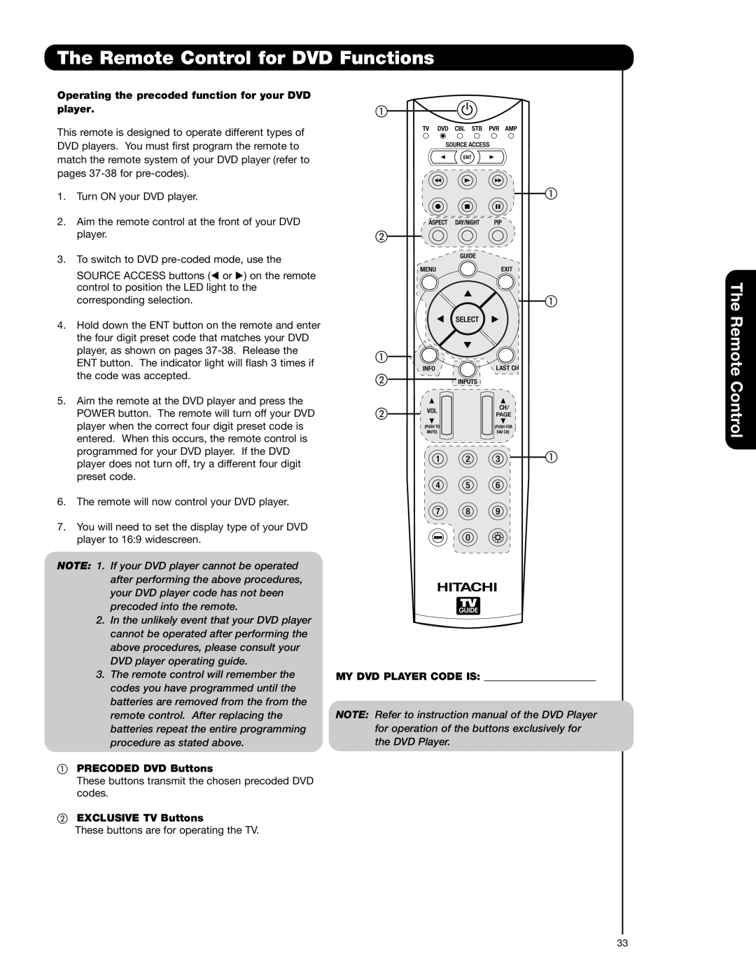 Hitachi 55VG825 Remote Control for DVD Functions, Operating the precoded function for your DVD player 