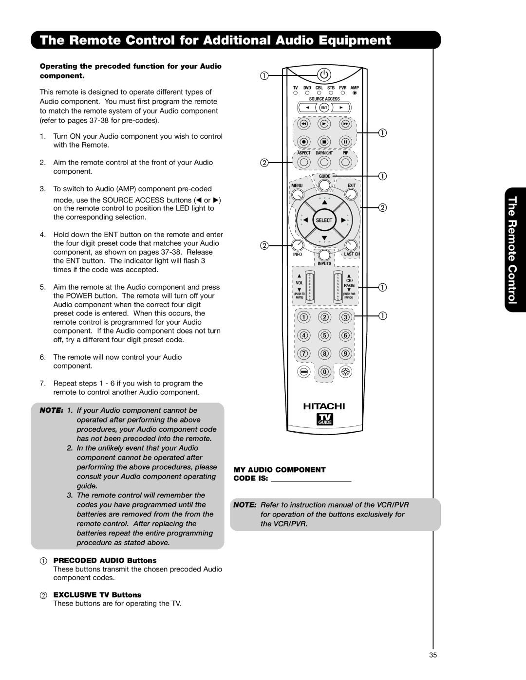 Hitachi 55VG825 Remote Control for Additional Audio Equipment, Operating the precoded function for your Audio component 