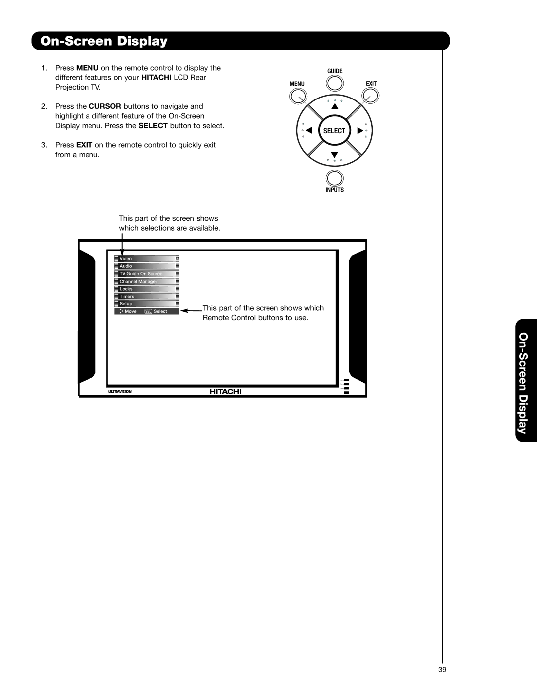 Hitachi 55VG825 important safety instructions On-Screen Display 