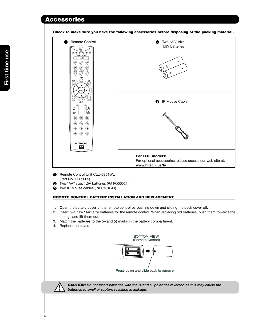 Hitachi 55VG825 Accessories, For U.S. models, Remote Control Battery Installation and Replacement 