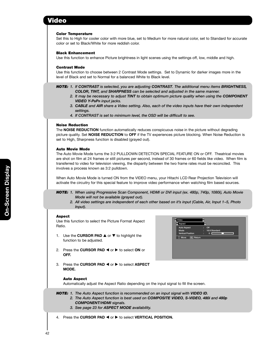 Hitachi 55VG825 important safety instructions Off, Mode 