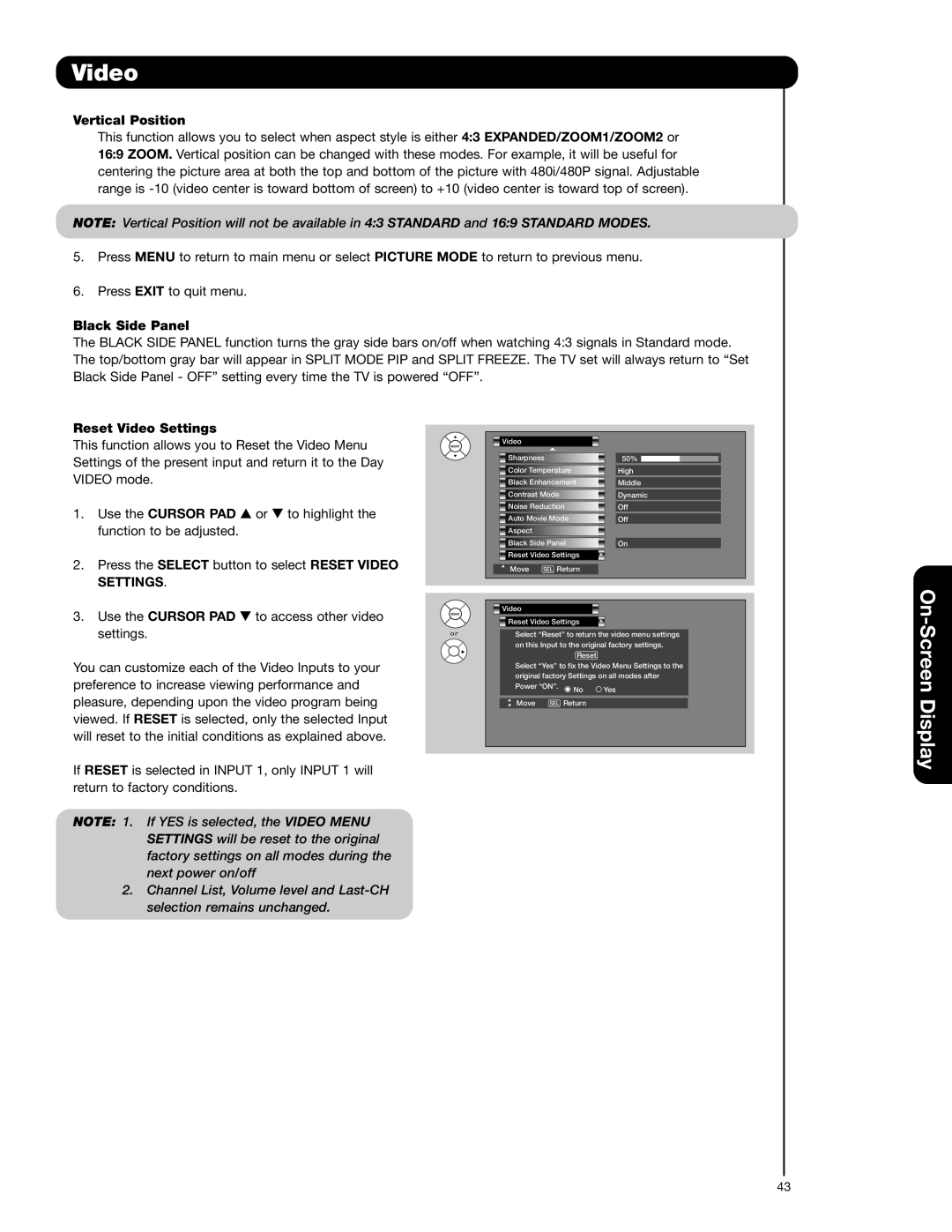 Hitachi 55VG825 important safety instructions Vertical Position, Black Side Panel, Reset Video Settings 