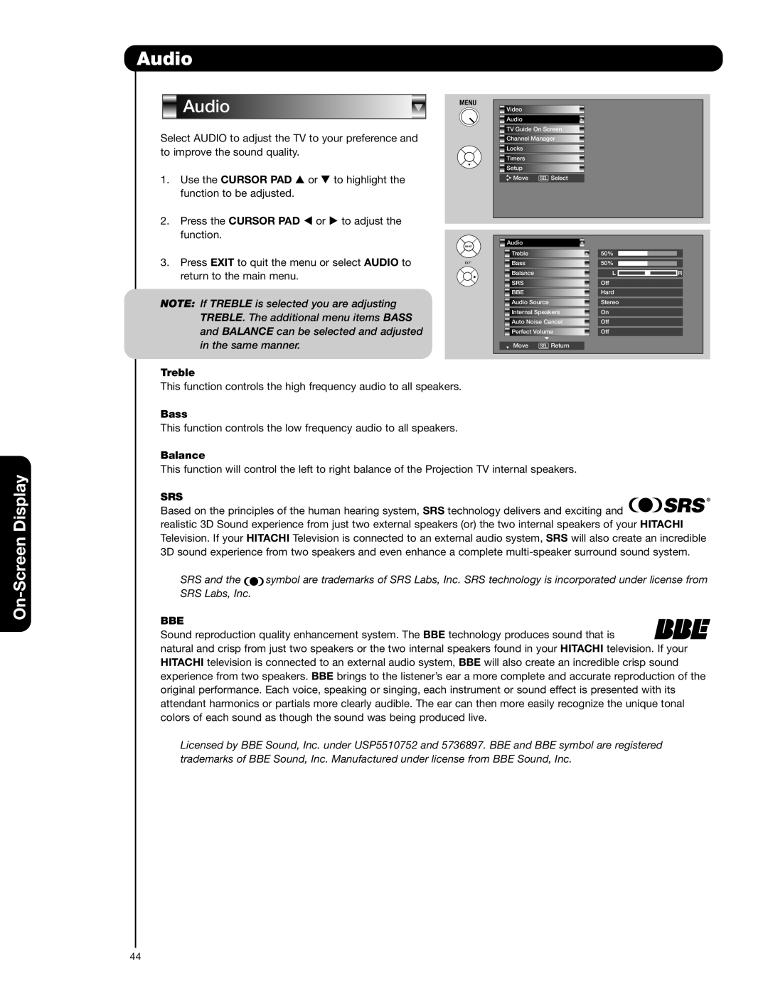 Hitachi 55VG825 important safety instructions Audio, Srs, Bbe 