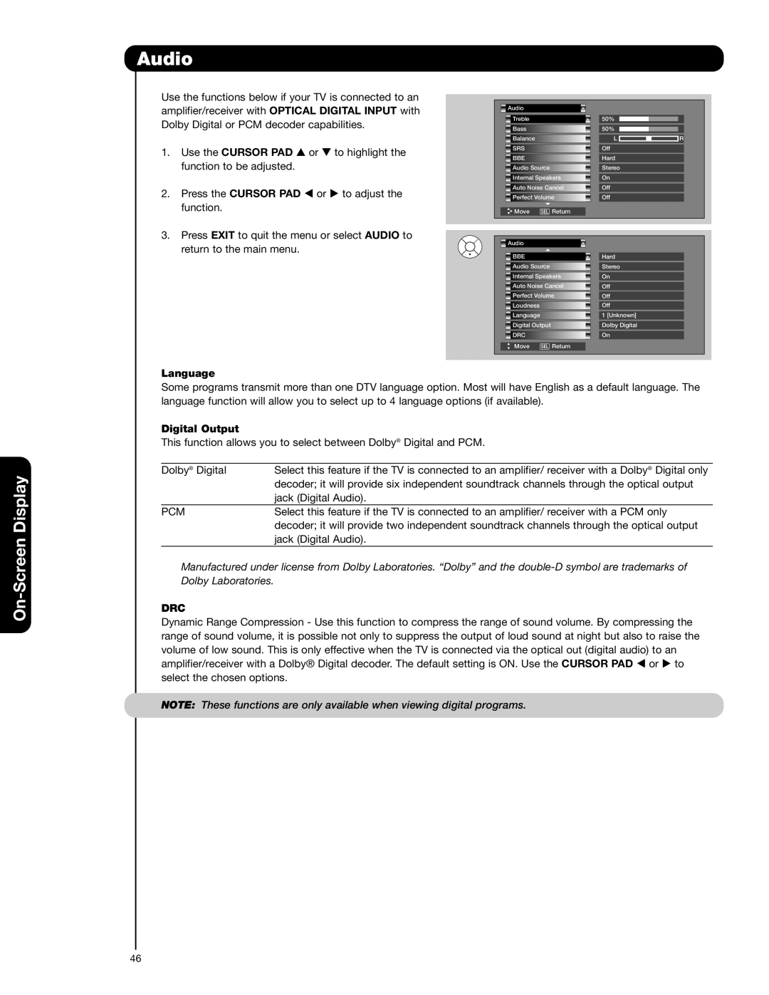 Hitachi 55VG825 important safety instructions Language, Digital Output, Drc 