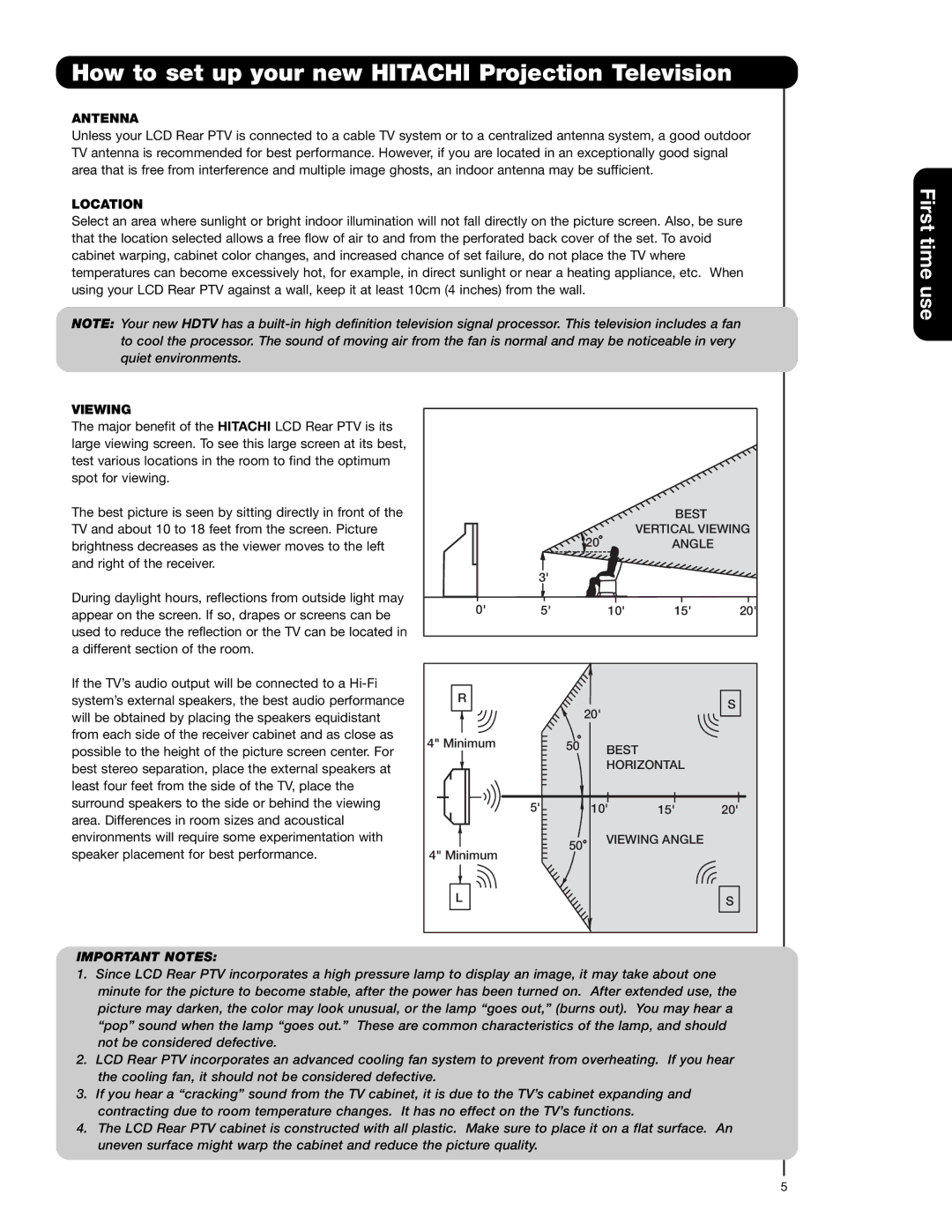 Hitachi 55VG825 How to set up your new Hitachi Projection Television, Antenna, Location, Viewing 