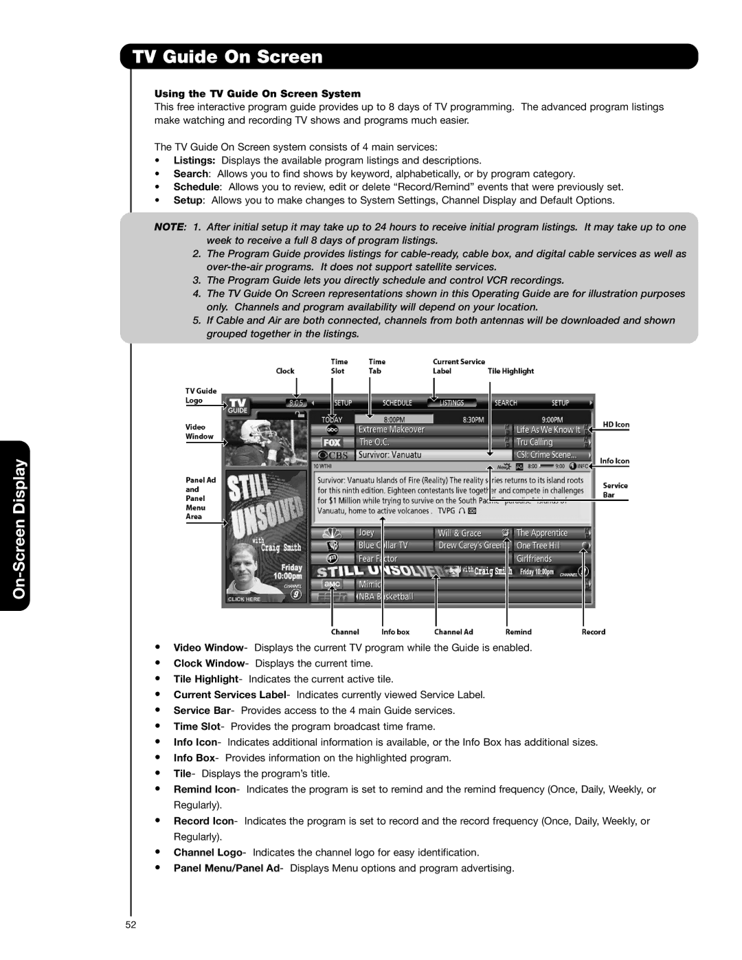 Hitachi 55VG825 important safety instructions Using the TV Guide On Screen System 