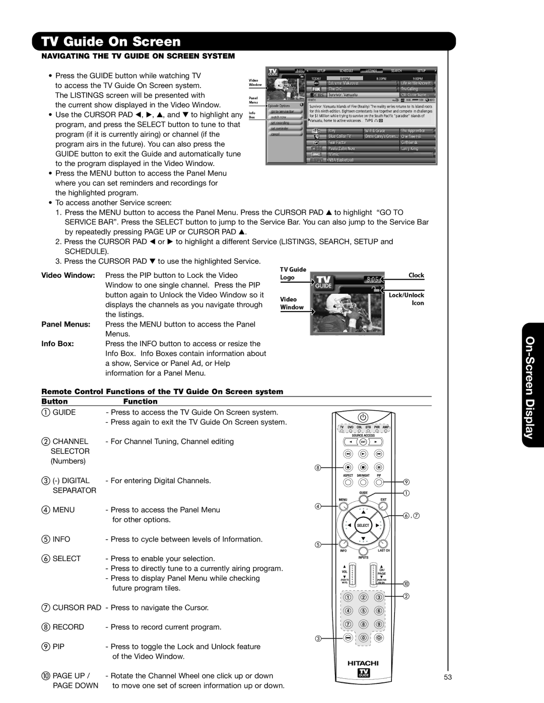 Hitachi 55VG825 important safety instructions Navigating the TV Guide on Screen System, Schedule 