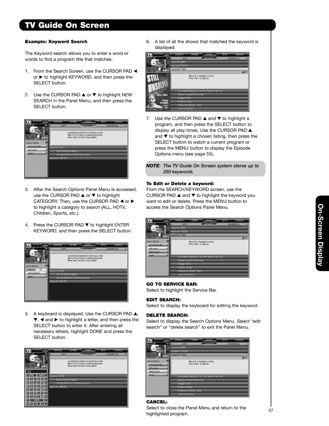 Hitachi 55VG825 Example Keyword Search, To Edit or Delete a keyword, Edit Search, Delete Search 