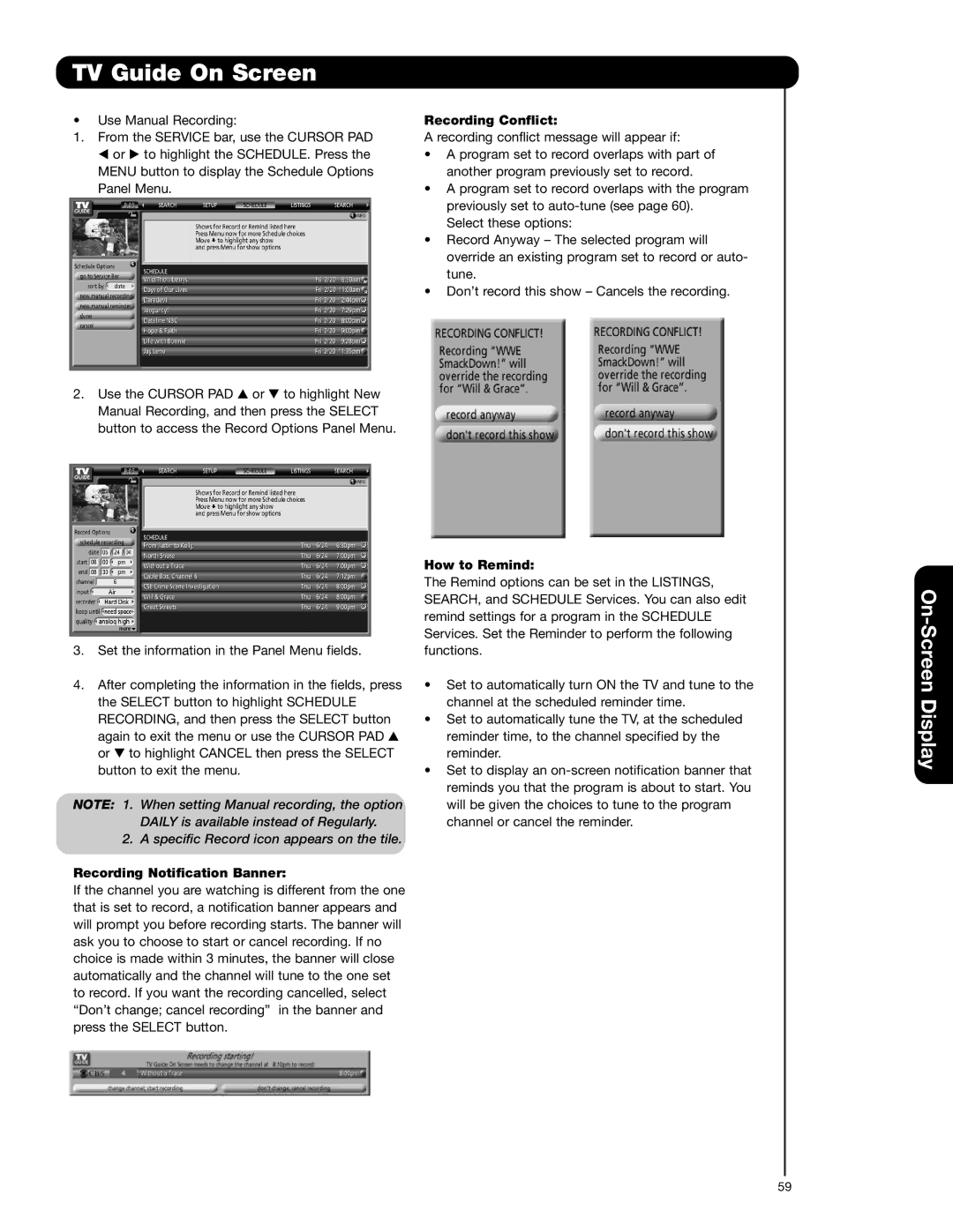 Hitachi 55VG825 important safety instructions Recording Conflict, Recording Notification Banner, How to Remind 