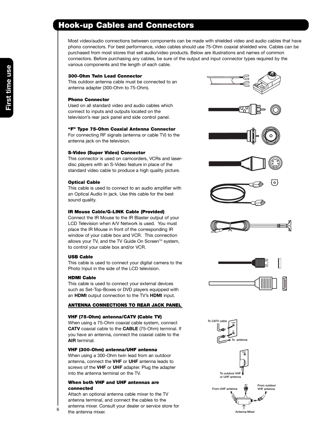 Hitachi 55VG825 important safety instructions Hook-up Cables and Connectors, Antenna Connections to Rear Jack Panel 