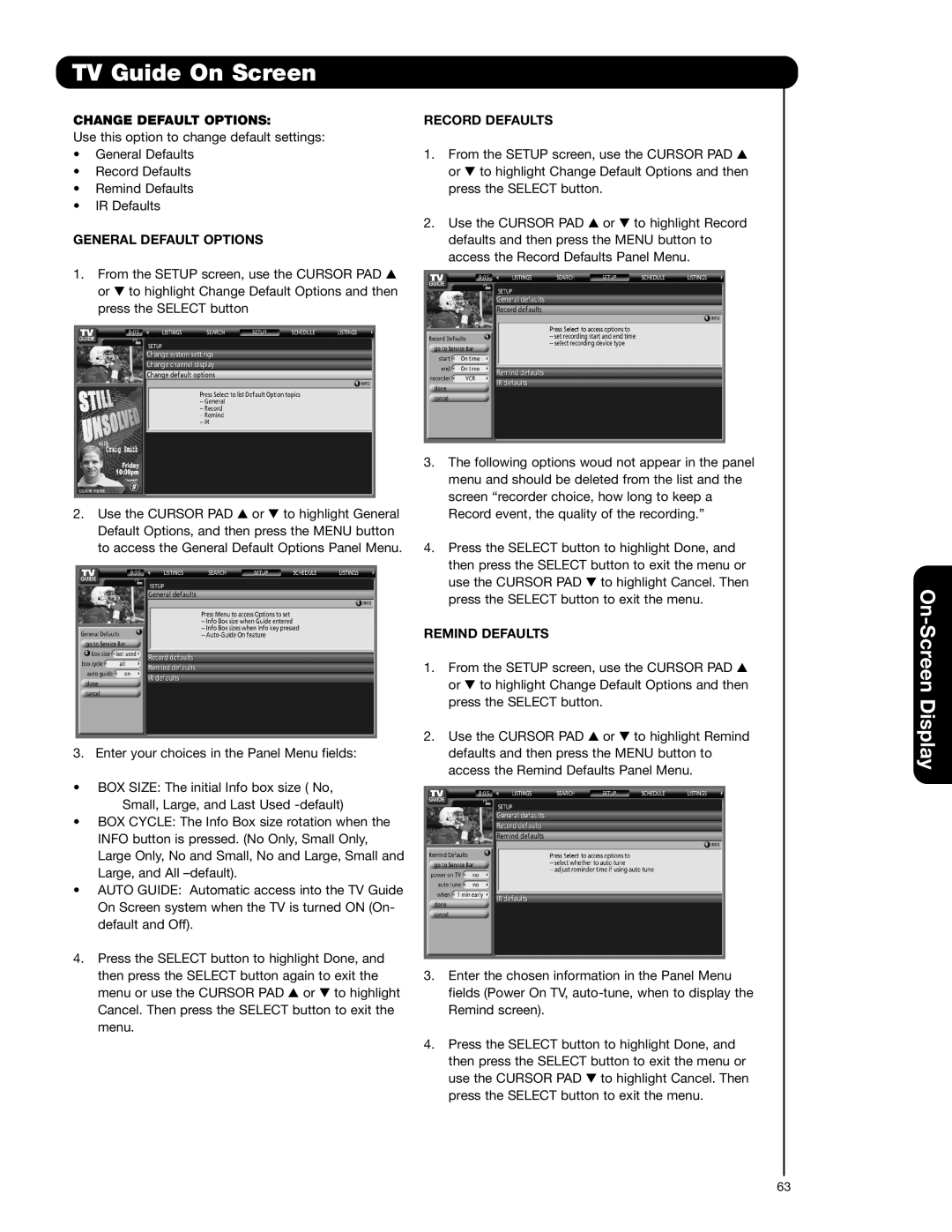 Hitachi 55VG825 Change Default Options, General Default Options, Record Defaults, Remind Defaults 