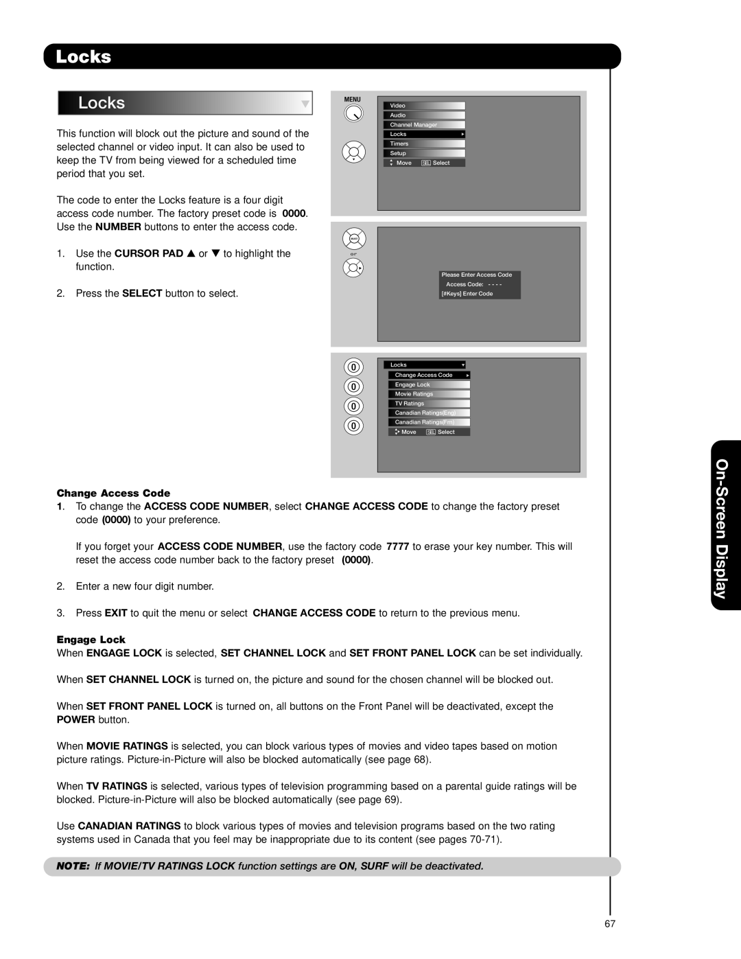 Hitachi 55VG825 important safety instructions Locks, Change Access Code 