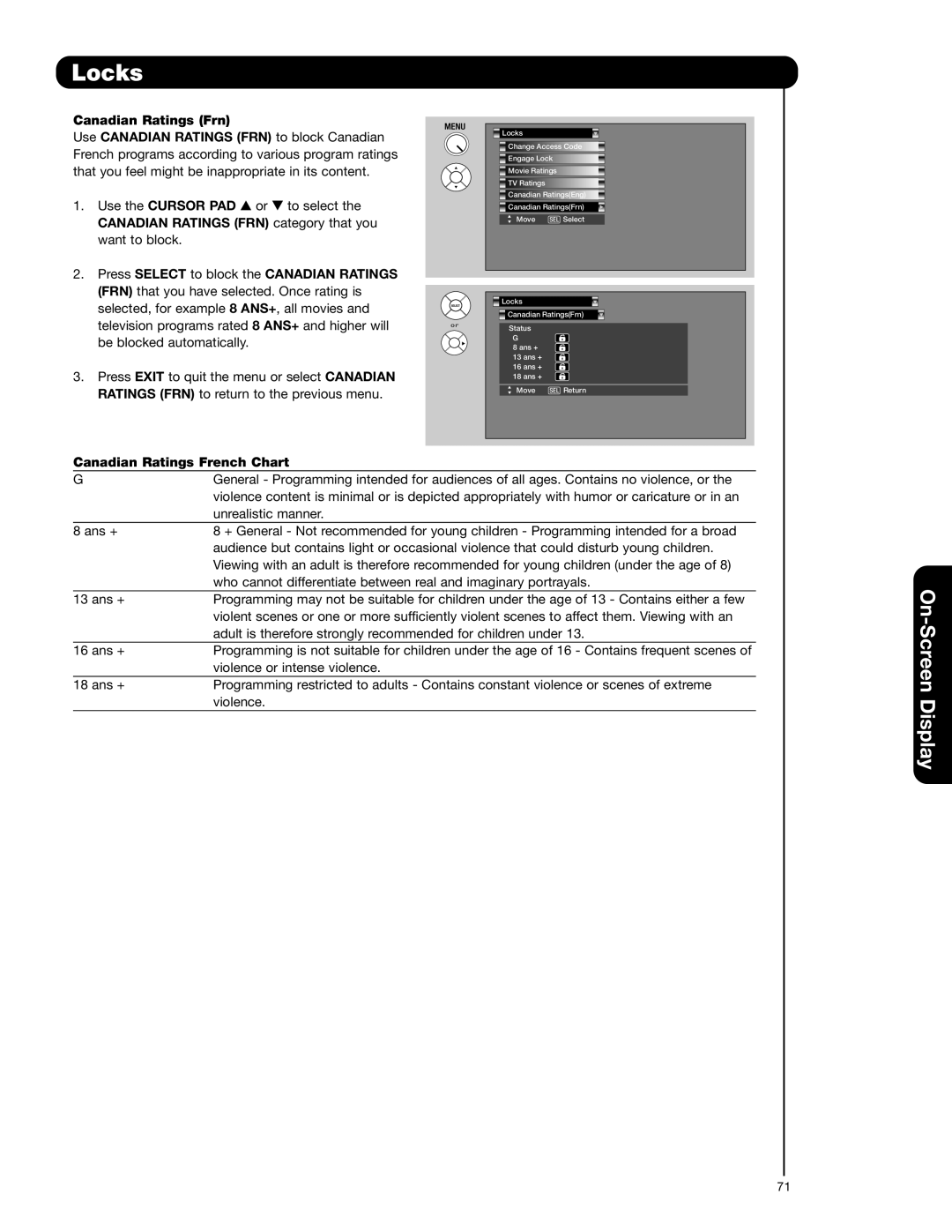 Hitachi 55VG825 important safety instructions Canadian Ratings French Chart 