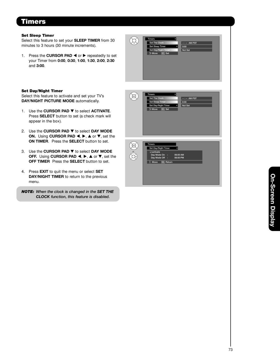 Hitachi 55VG825 Set Sleep Timer, Set Day/Night Timer, ON. Using Cursor PAD, OFF. Using Cursor PAD 