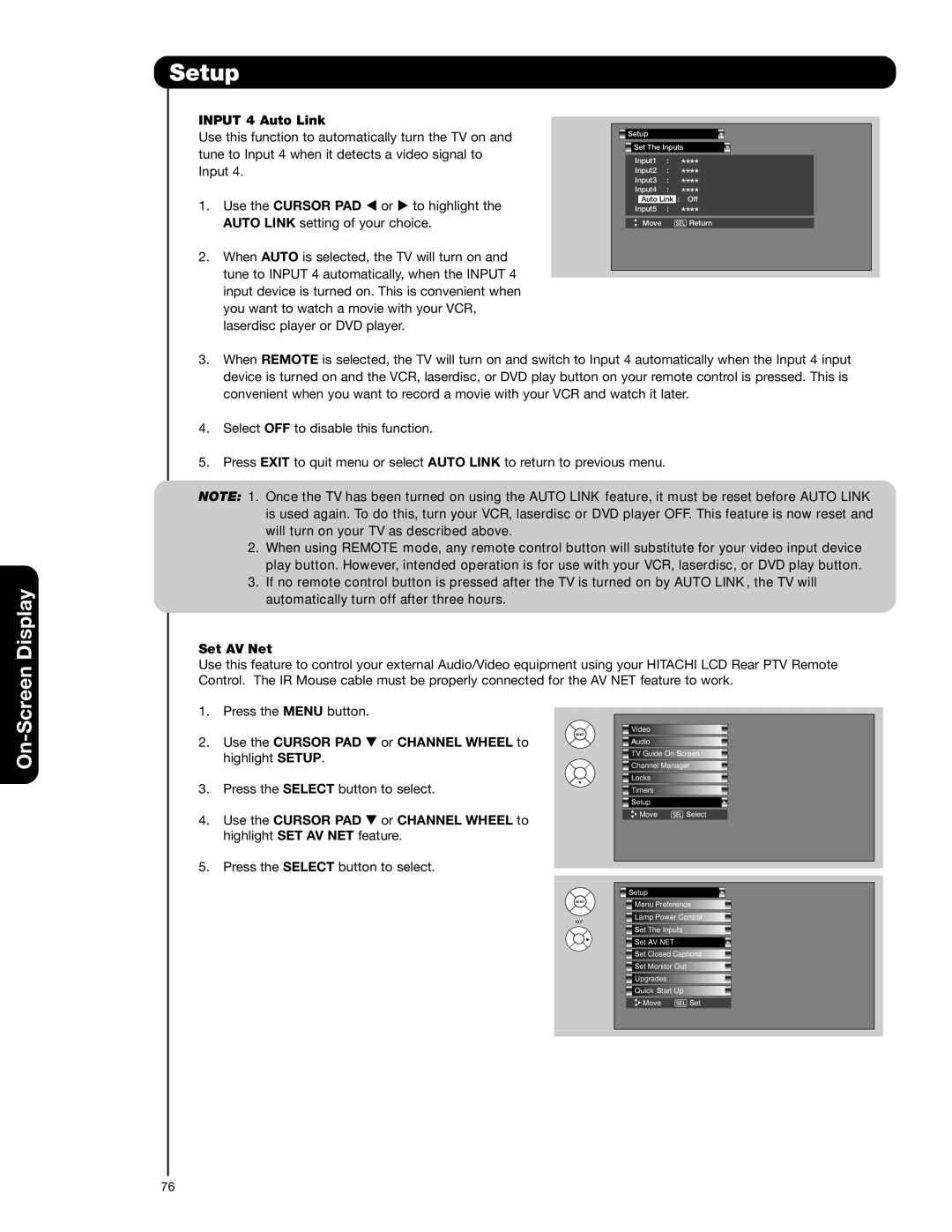 Hitachi 55VG825 important safety instructions Input 4 Auto Link, Set AV Net 