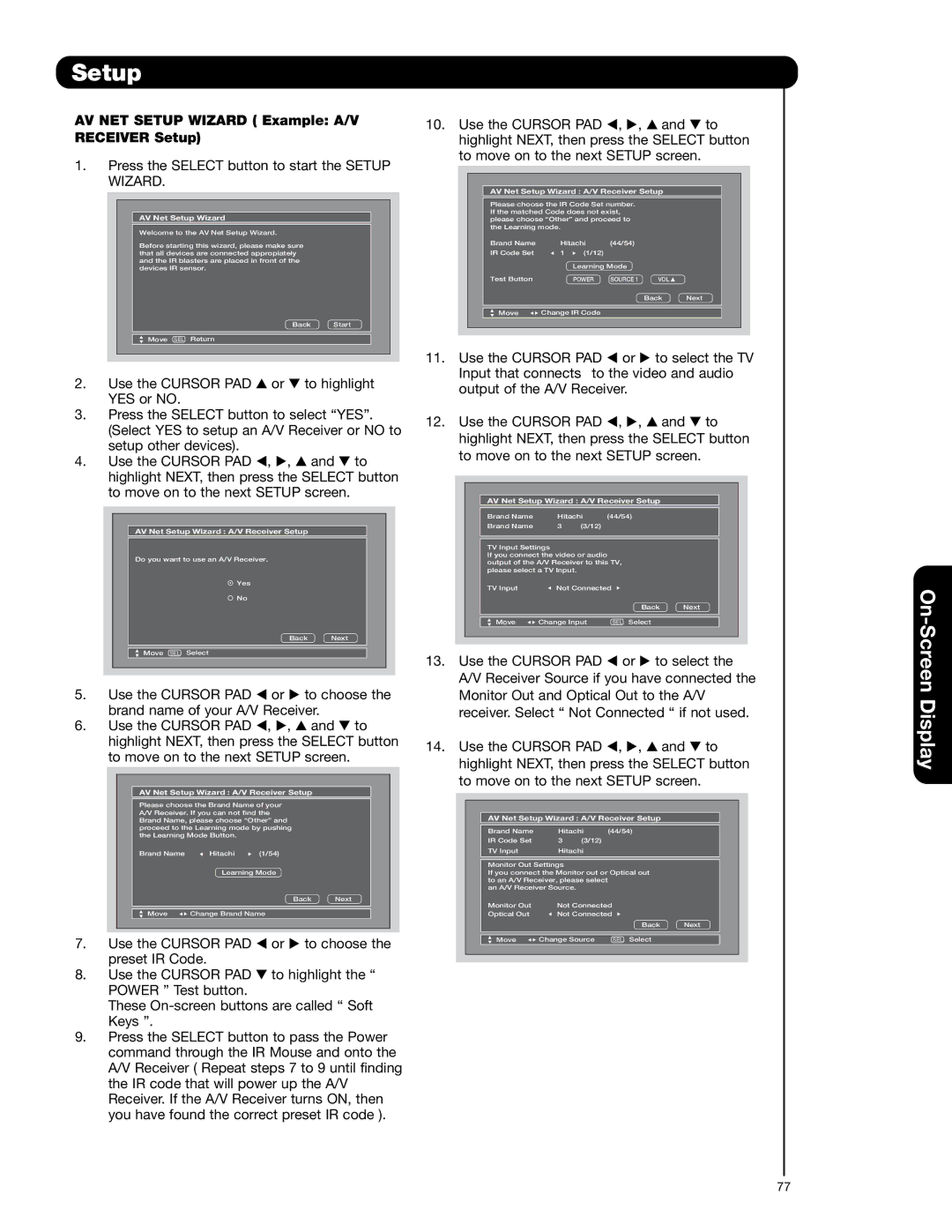 Hitachi 55VG825 important safety instructions AV NET Setup Wizard Example A/V Receiver Setup 