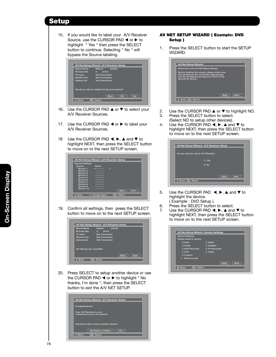 Hitachi 55VG825 important safety instructions AV NET Setup Wizard Example DVD Setup 