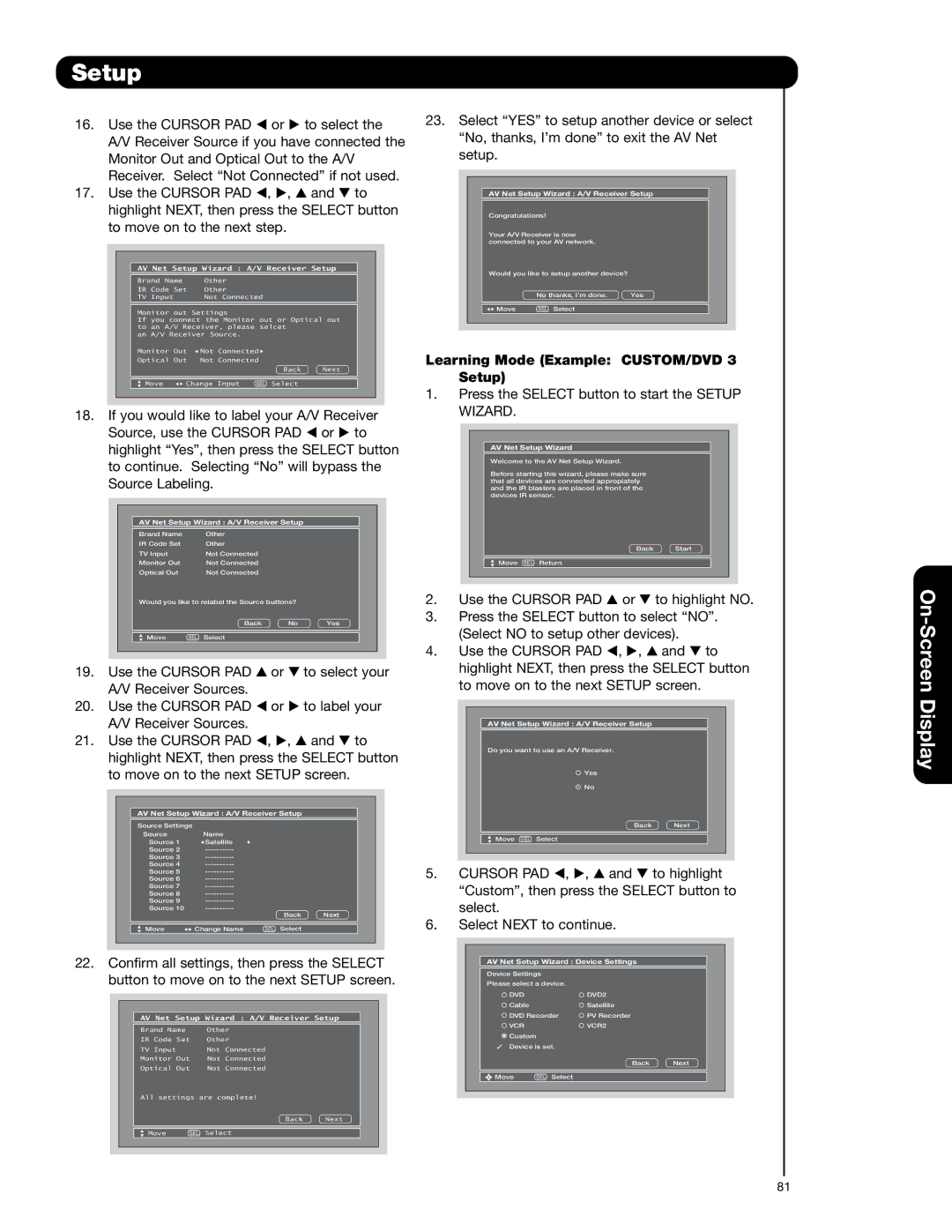 Hitachi 55VG825 important safety instructions Learning Mode Example CUSTOM/DVD 3 Setup 