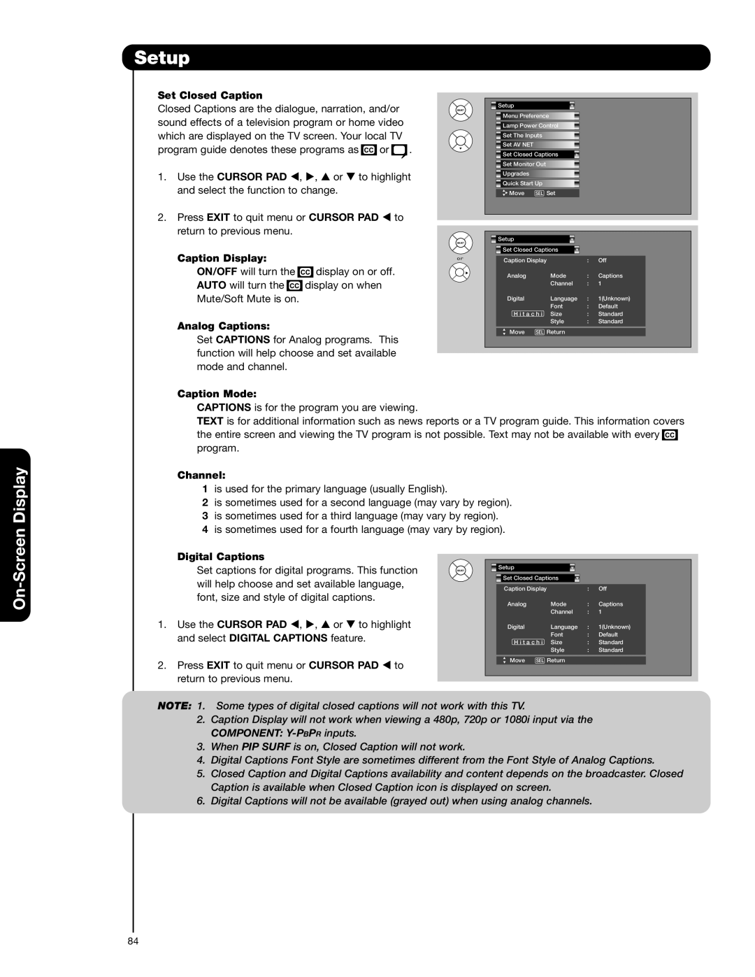 Hitachi 55VG825 important safety instructions Set Closed Caption, Caption Display, Analog Captions, Caption Mode, Channel 