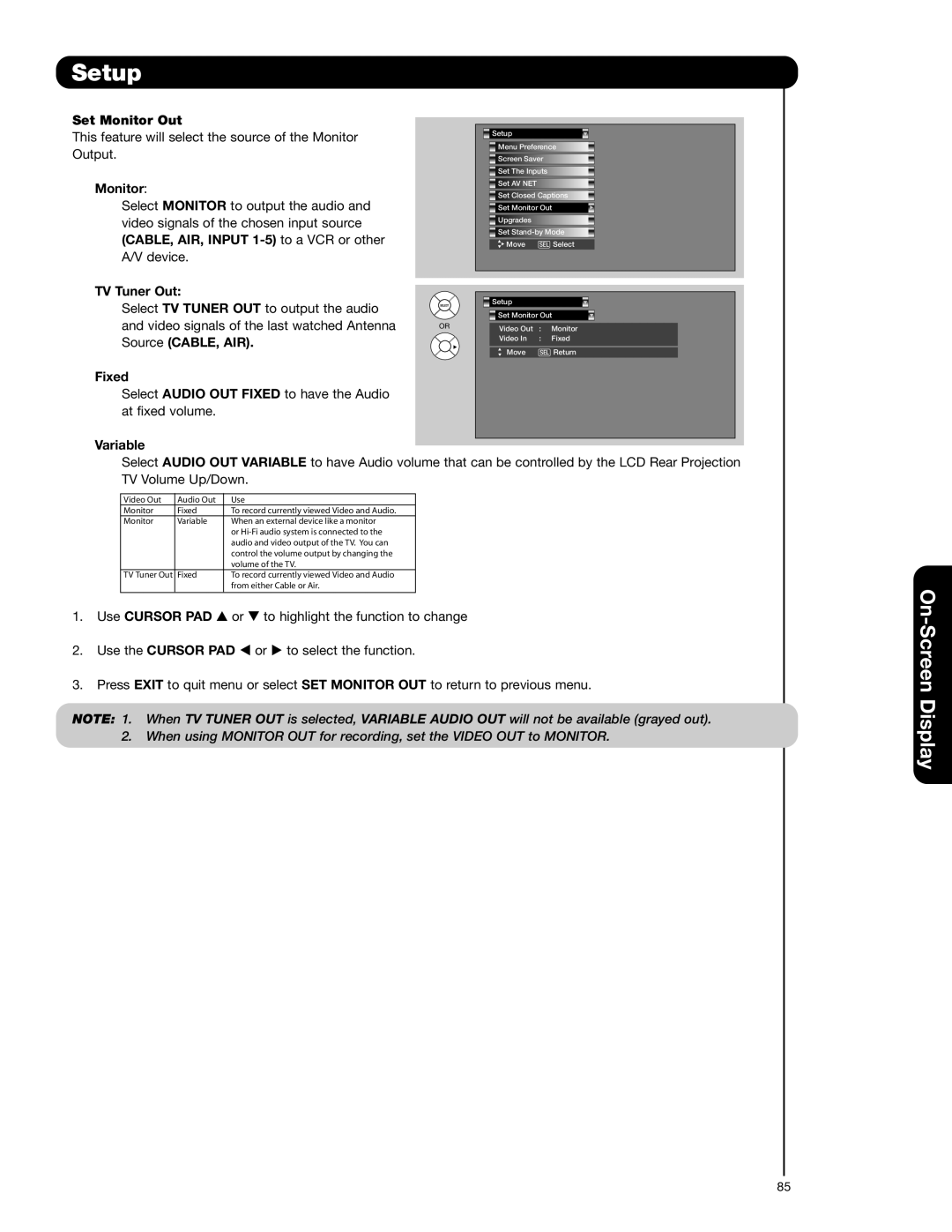 Hitachi 55VG825 important safety instructions Set Monitor Out, TV Tuner Out, Fixed, Variable, Use Cursor PAD 