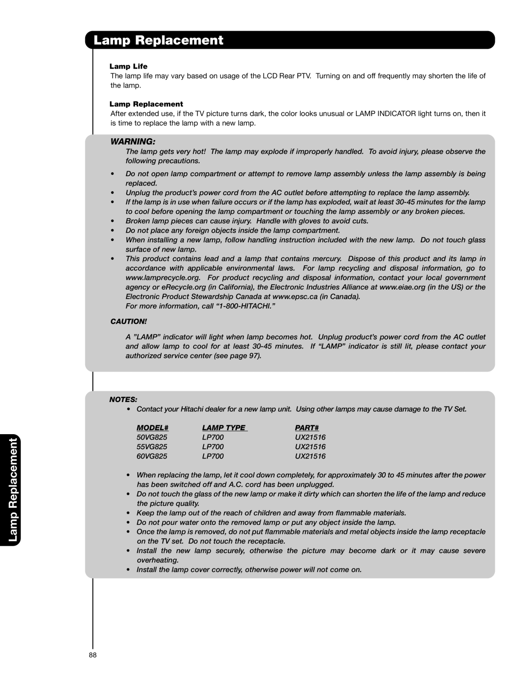 Hitachi 55VG825 important safety instructions Lamp Replacement, Lamp Life 