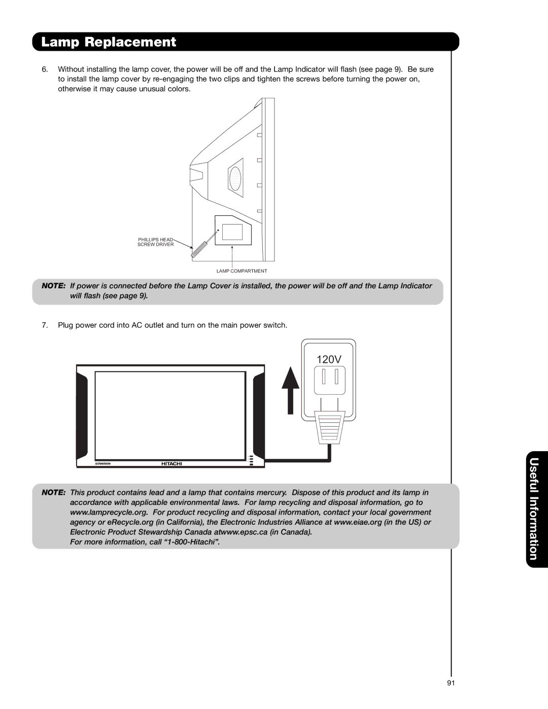 Hitachi 55VG825 important safety instructions Phillips Head Screw Driver Lamp Compartment 