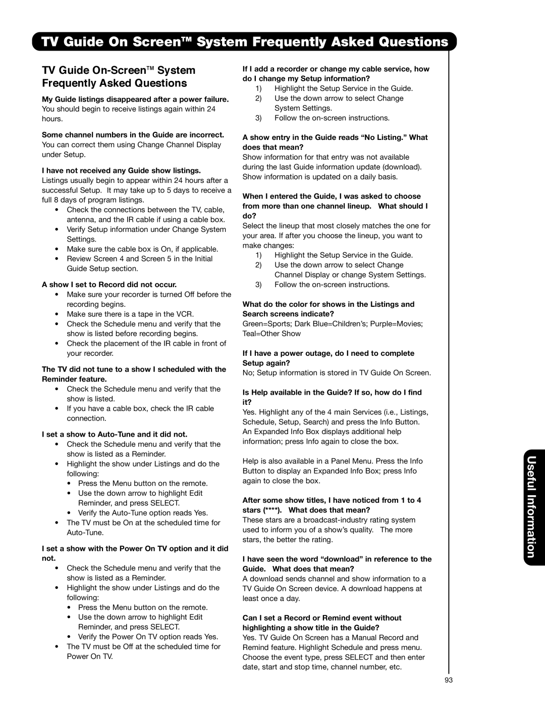 Hitachi 55VG825 important safety instructions TV Guide On ScreenTM System Frequently Asked Questions 