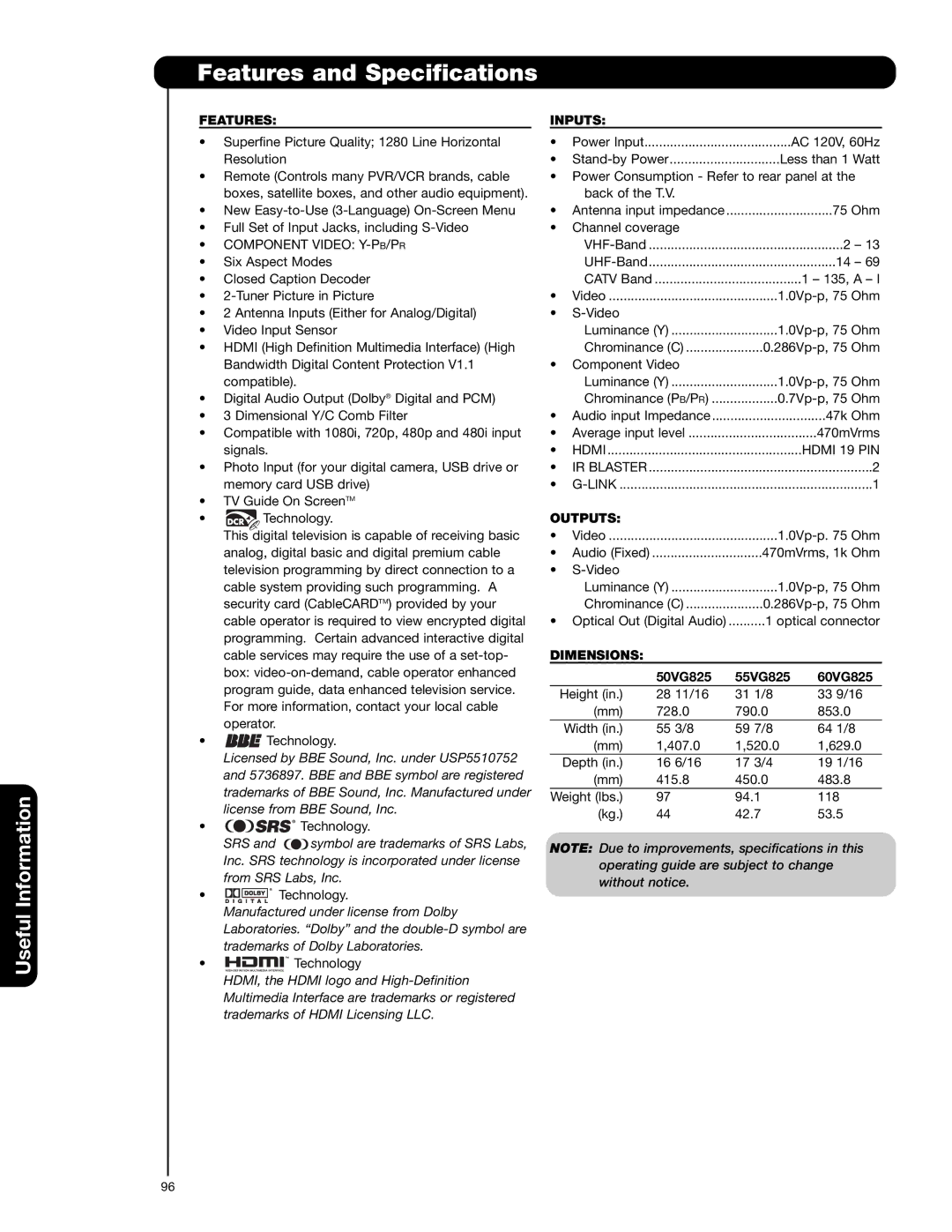 Hitachi 55VG825 important safety instructions Features and Specifications, Inputs, Outputs, Dimensions 