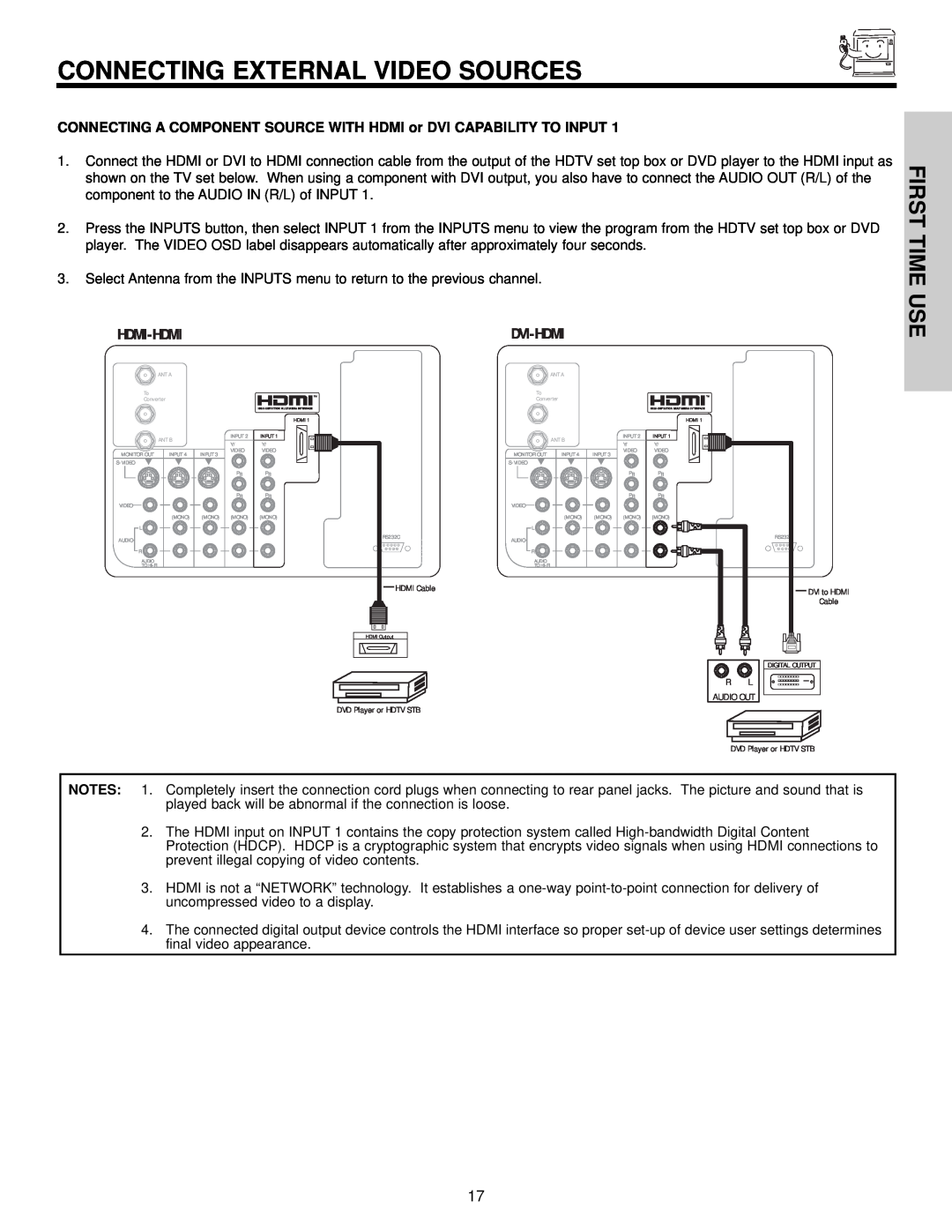 Hitachi 57F510 important safety instructions Connecting External Video Sources, First Time Use, Hdmi-Hdmi 