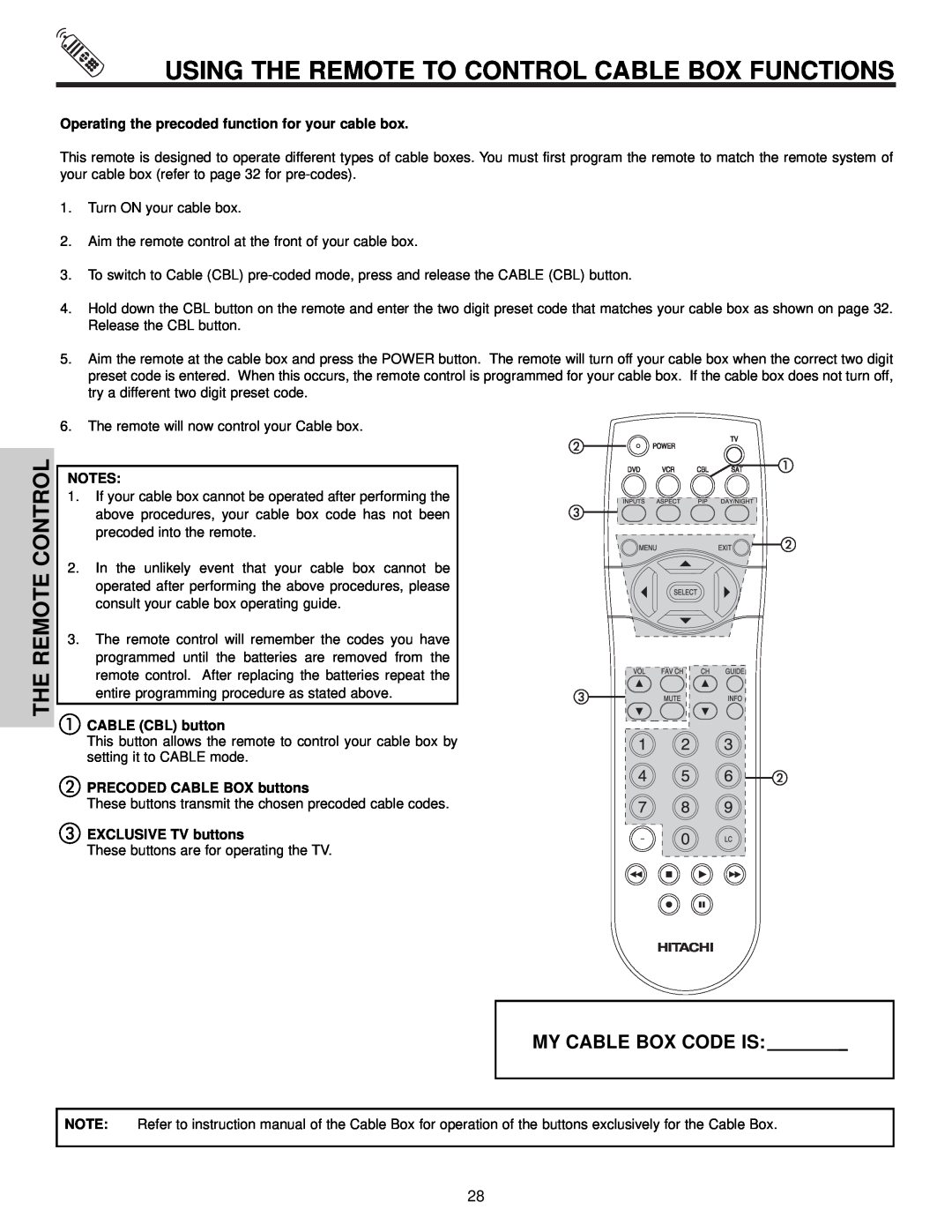 Hitachi 57F510 Using The Remote To Control Cable Box Functions, The Remote Control, CABLE CBL button, EXCLUSIVE TV buttons 