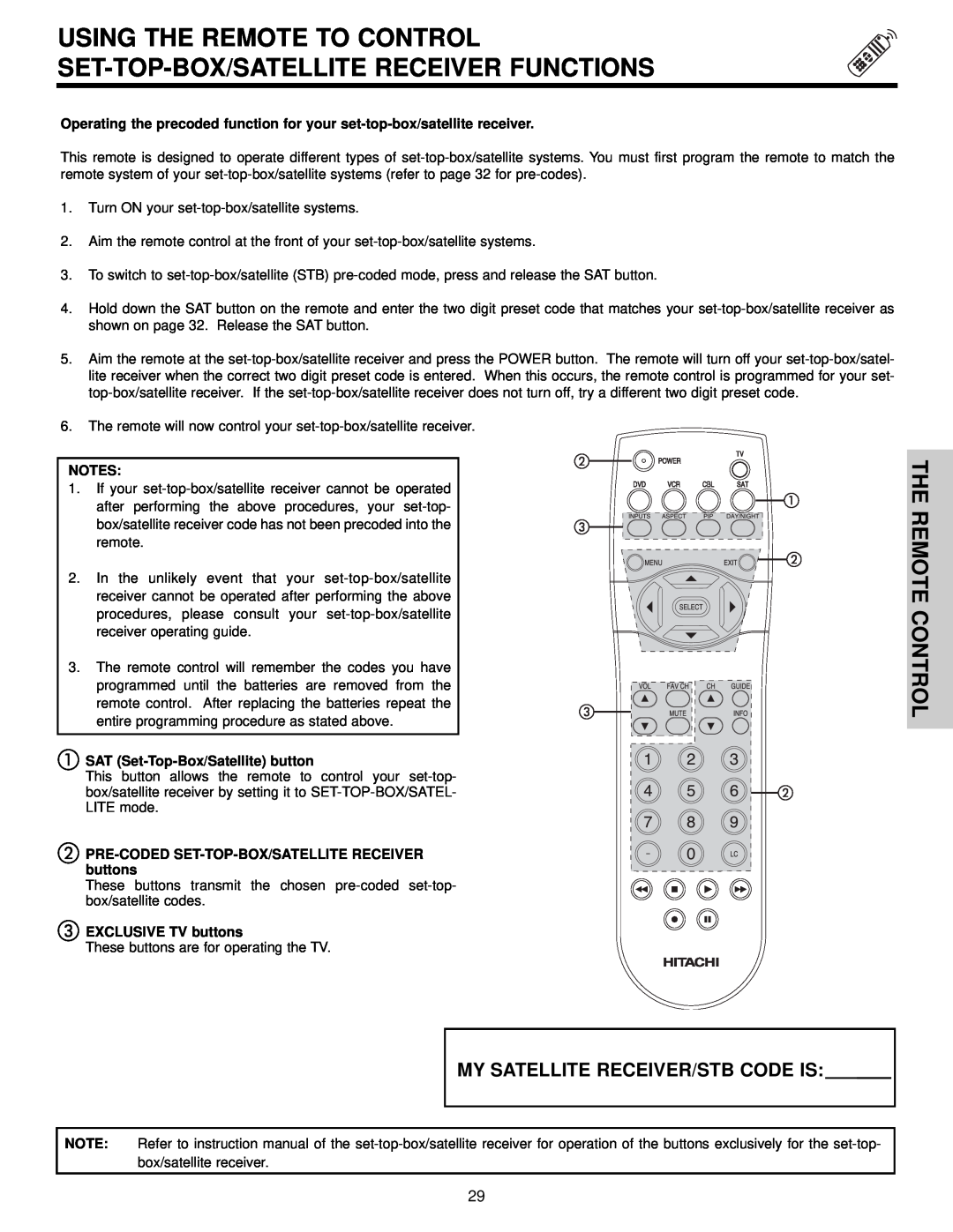 Hitachi 57F510 Using The Remote To Control Set-Top-Box/Satellite Receiver Functions, The Remote Control 