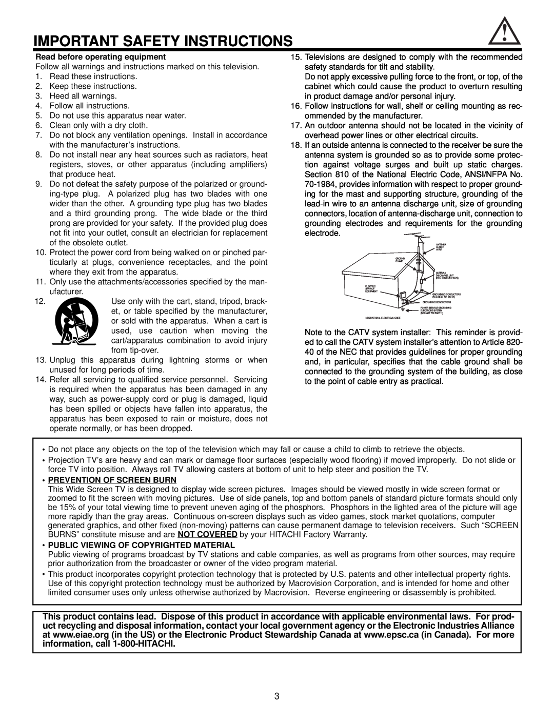 Hitachi 57F510 Important Safety Instructions, Read before operating equipment, Prevention Of Screen Burn 