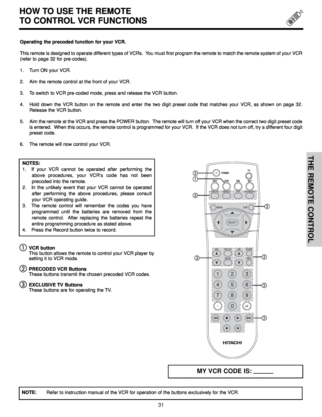 Hitachi 57F510 How To Use The Remote To Control Vcr Functions, The Remote Control, VCR button, PRECODED VCR Buttons 