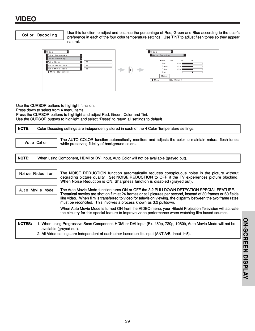 Hitachi 57F510 Video, On-Screen Display, Color Decoding, Auto Color, Noise Reduction Auto Movie Mode 