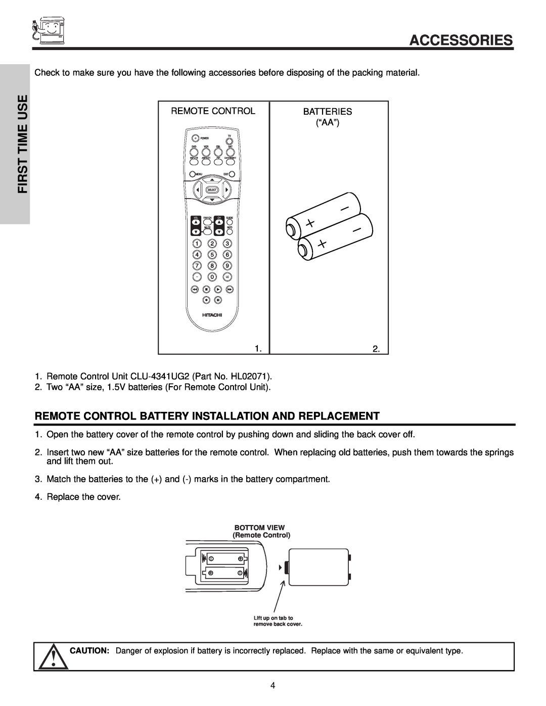 Hitachi 57F510 important safety instructions Accessories, First Time Use 