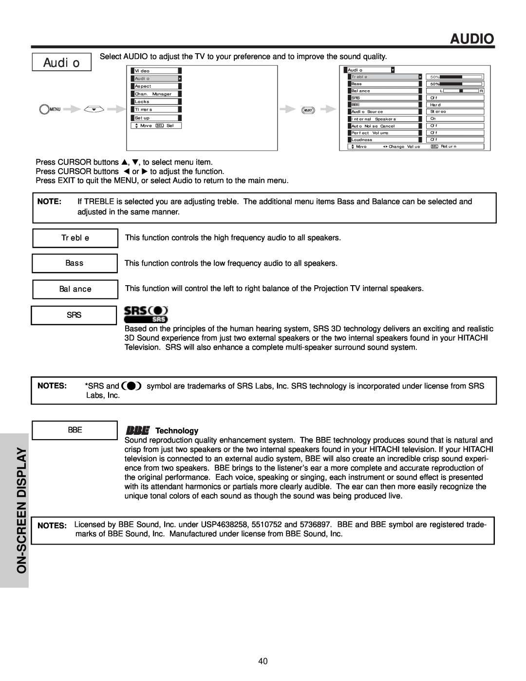 Hitachi 57F510 important safety instructions Audio, On-Screen Display, Treble Bass Balance SRS, BBE Technology 