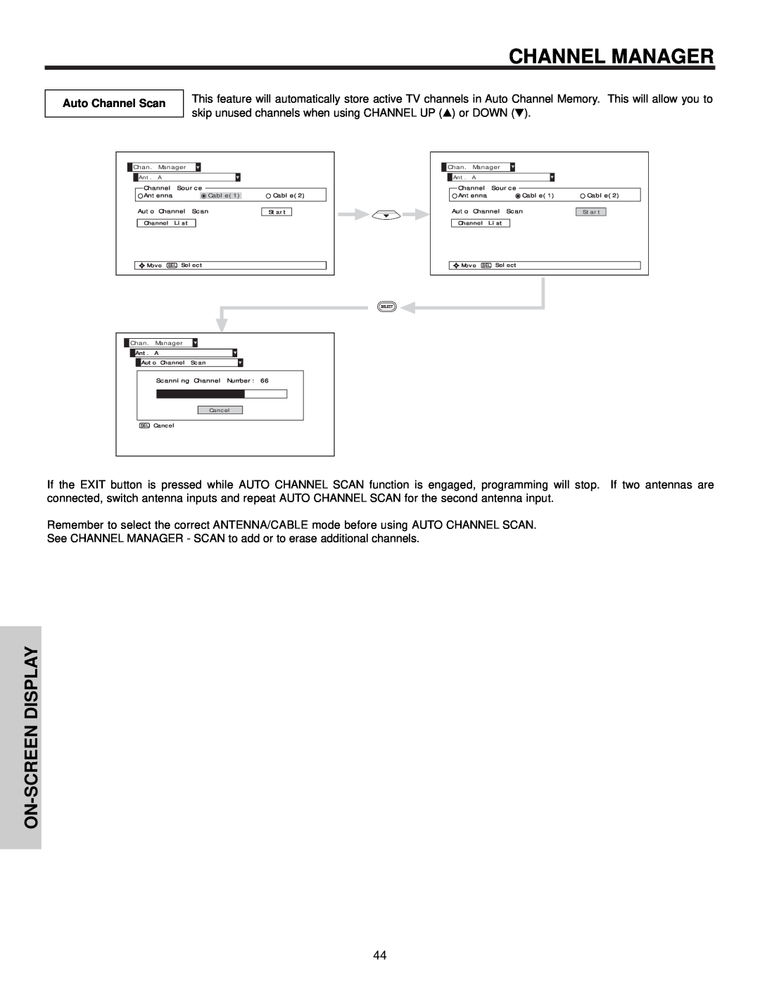 Hitachi 57F510 important safety instructions Channel Manager, On-Screen Display, Auto Channel Scan 