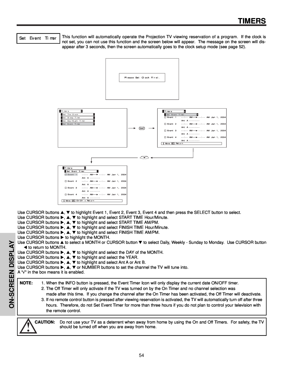 Hitachi 57F510 important safety instructions Timers, On-Screen Display, Set Event Timer, Please Set Clock First 