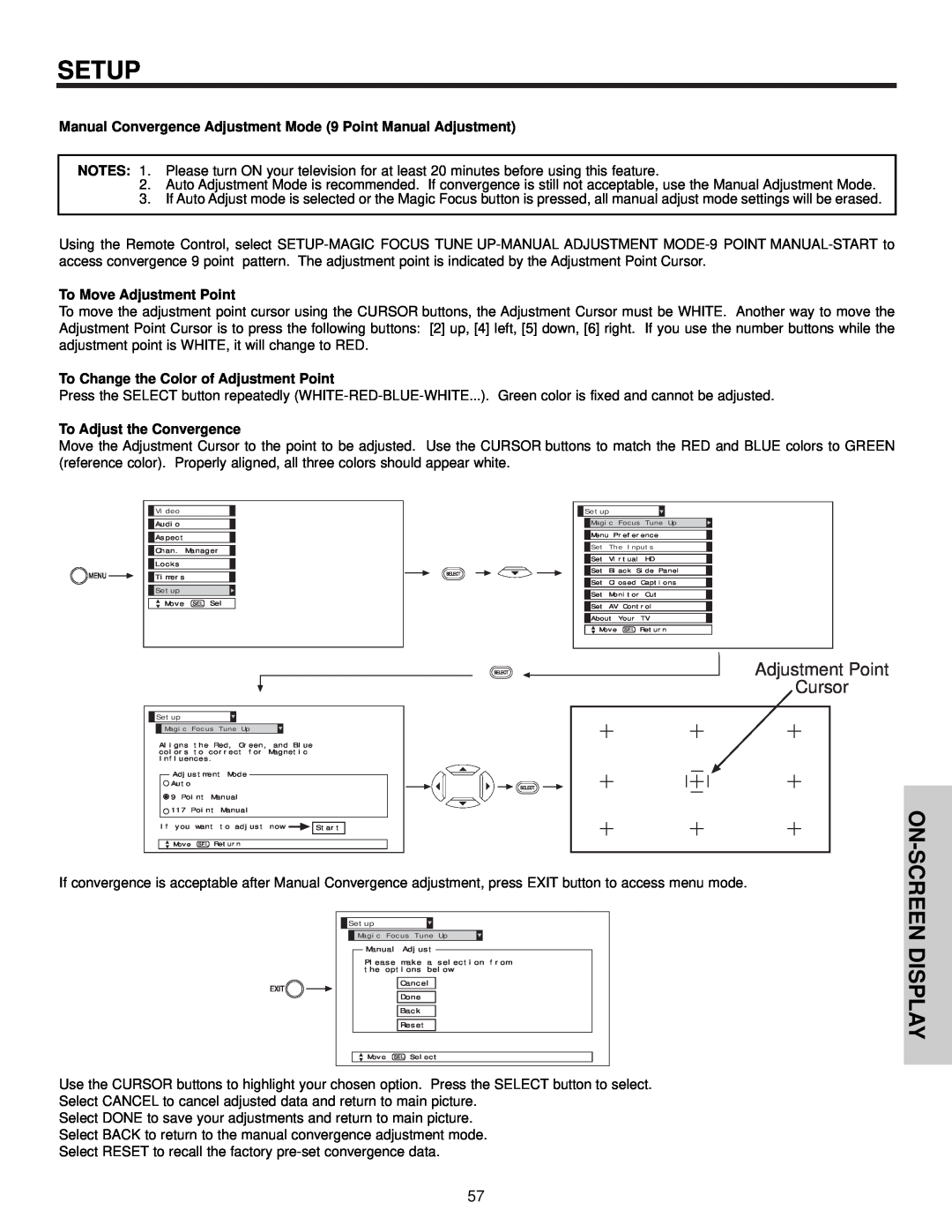 Hitachi 57F510 Setup, On-Screen Display, Adjustment Point Cursor, To Move Adjustment Point, To Adjust the Convergence 