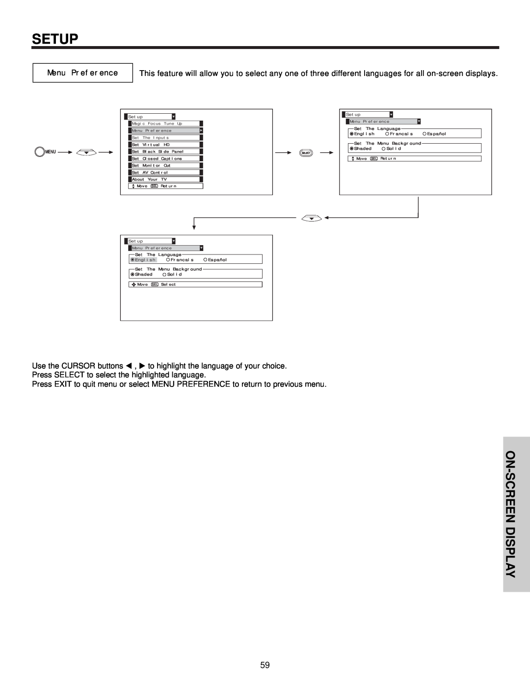 Hitachi 57F510 important safety instructions Setup, On-Screen Display, Menu Preference 