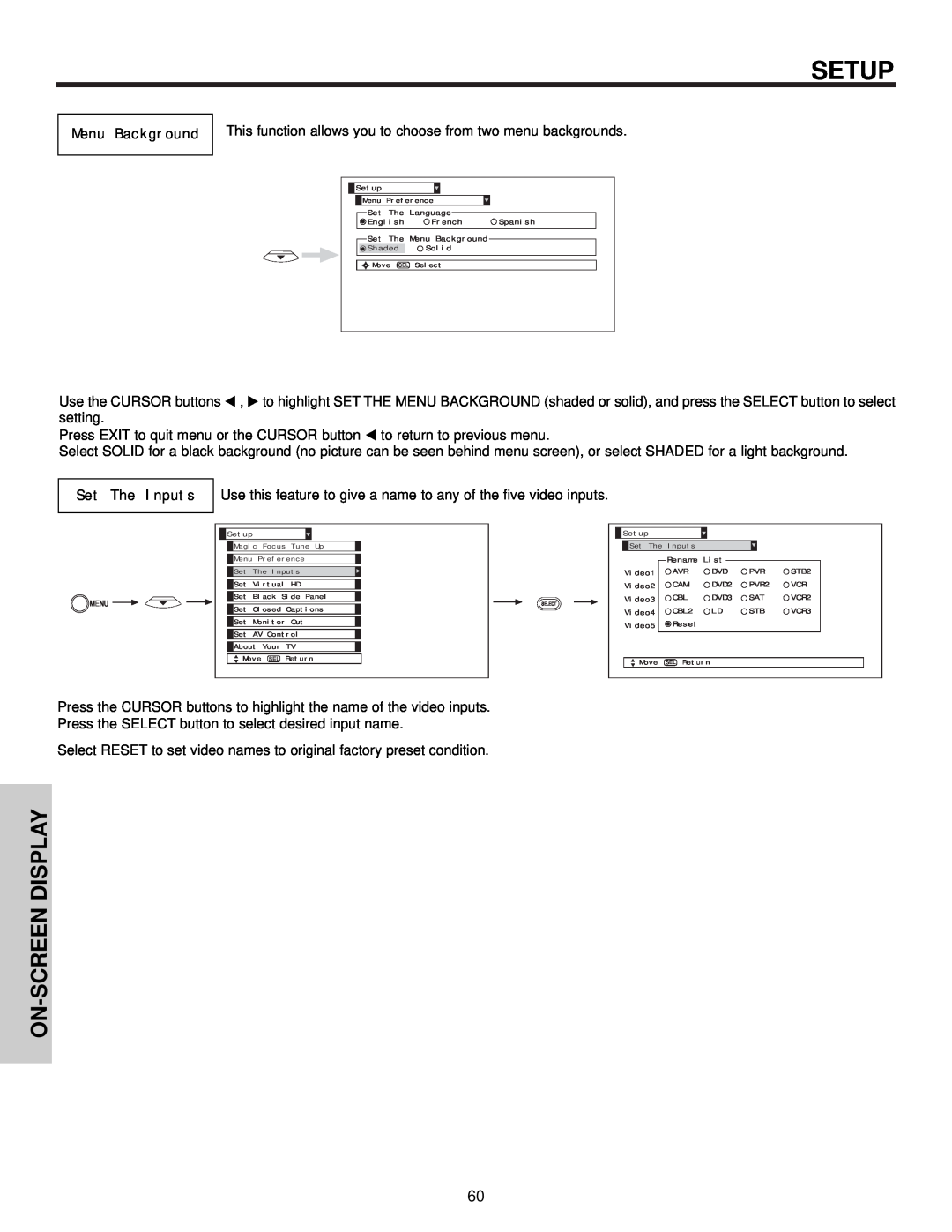 Hitachi 57F510 important safety instructions Setup, On-Screen Display, Menu Background, Set The Inputs 