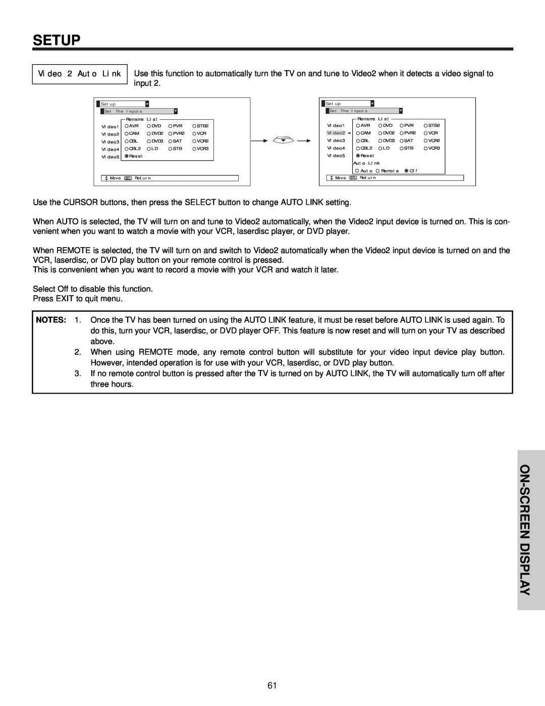 Hitachi 57F510 important safety instructions Setup, On-Screen Display, Video 2 Auto Link 