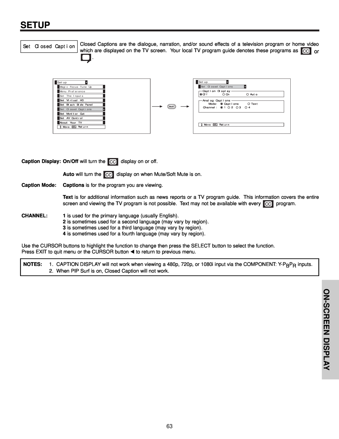 Hitachi 57F510 important safety instructions Setup, On-Screen Display, Set Closed Caption, Caption Mode, Channel 