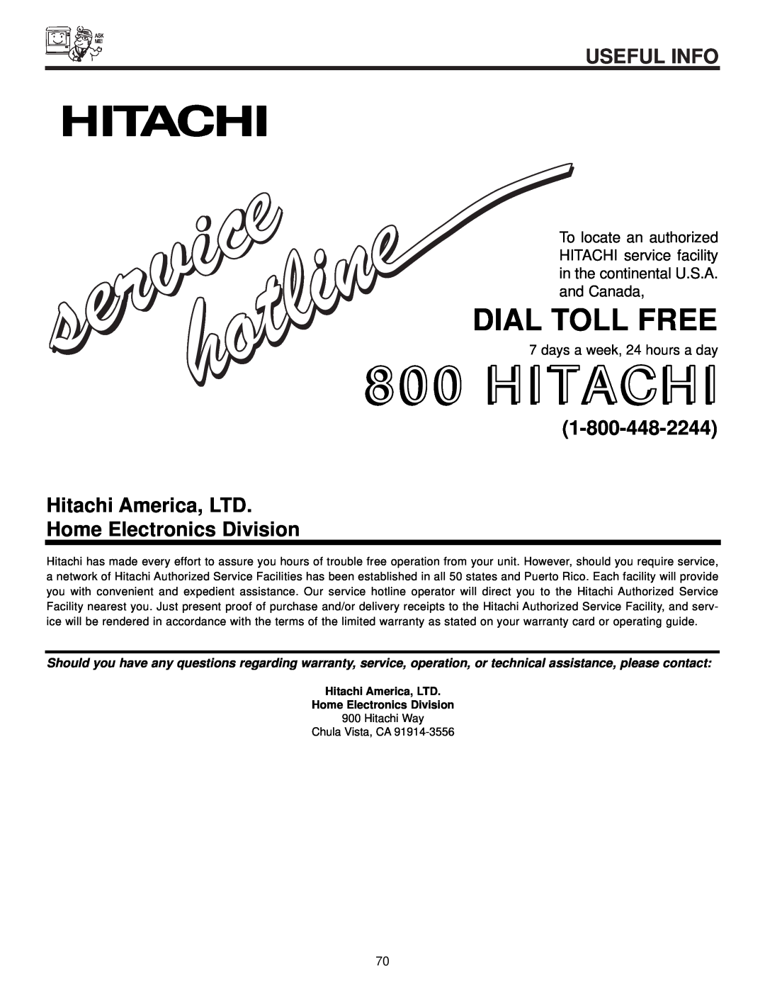 Hitachi 57F510 Home Electronics Division, Hitachi, Dial Toll Free, Useful Info, days a week, 24 hours a day 