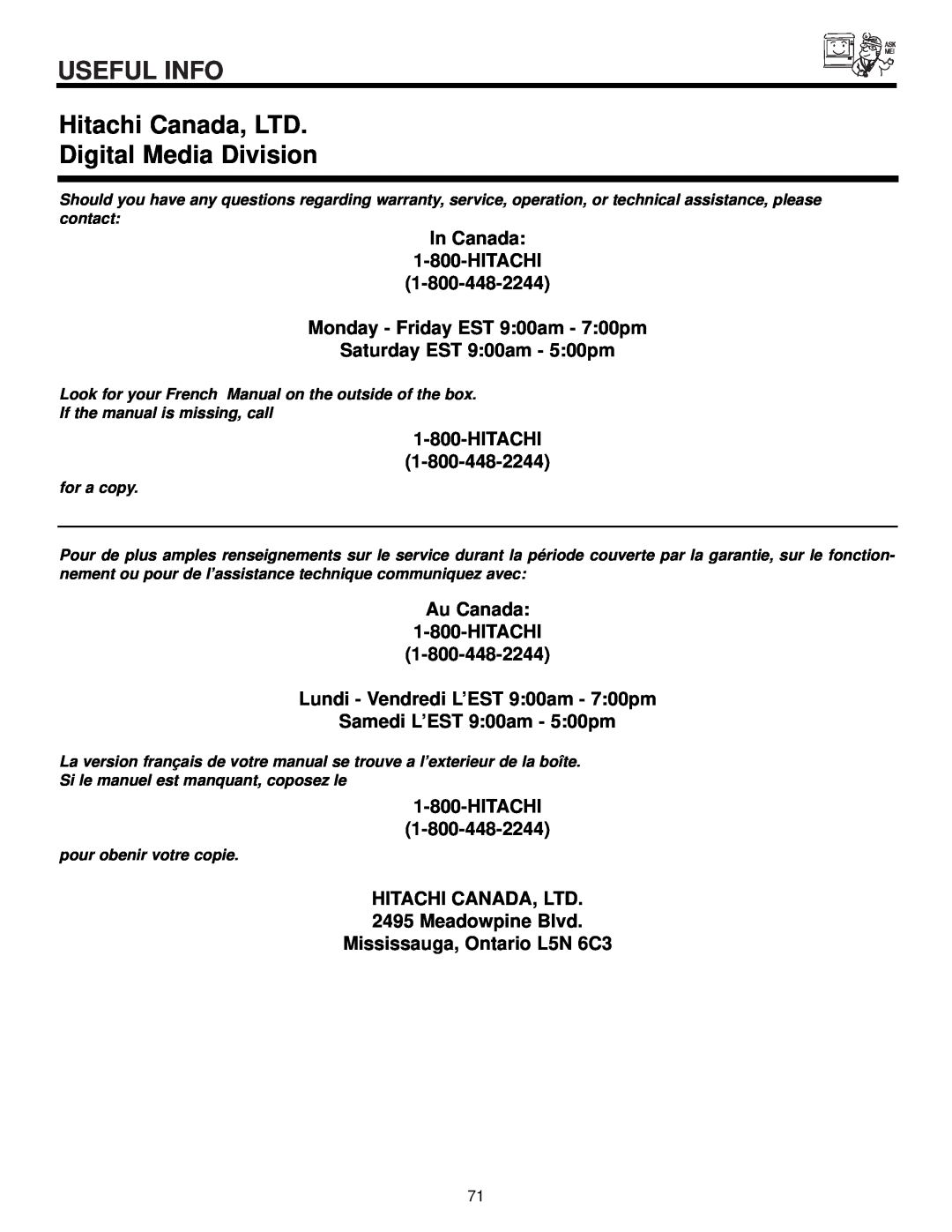 Hitachi 57F510 important safety instructions Digital Media Division, Useful Info 