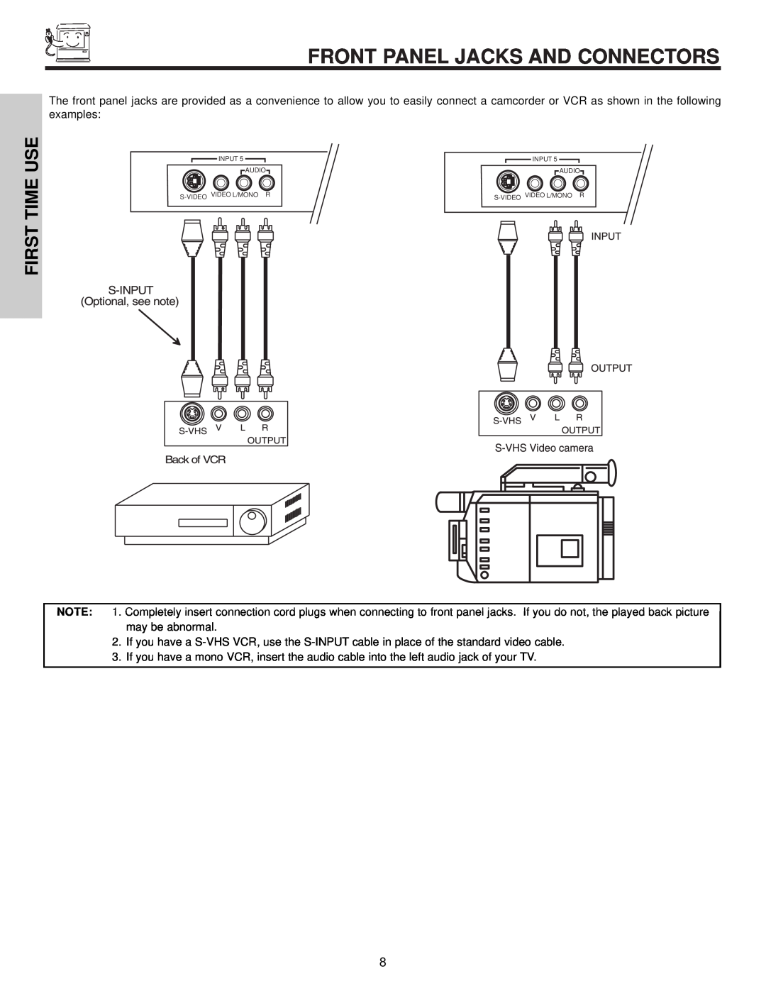 Hitachi 57F510 important safety instructions Front Panel Jacks And Connectors, First Time Use 