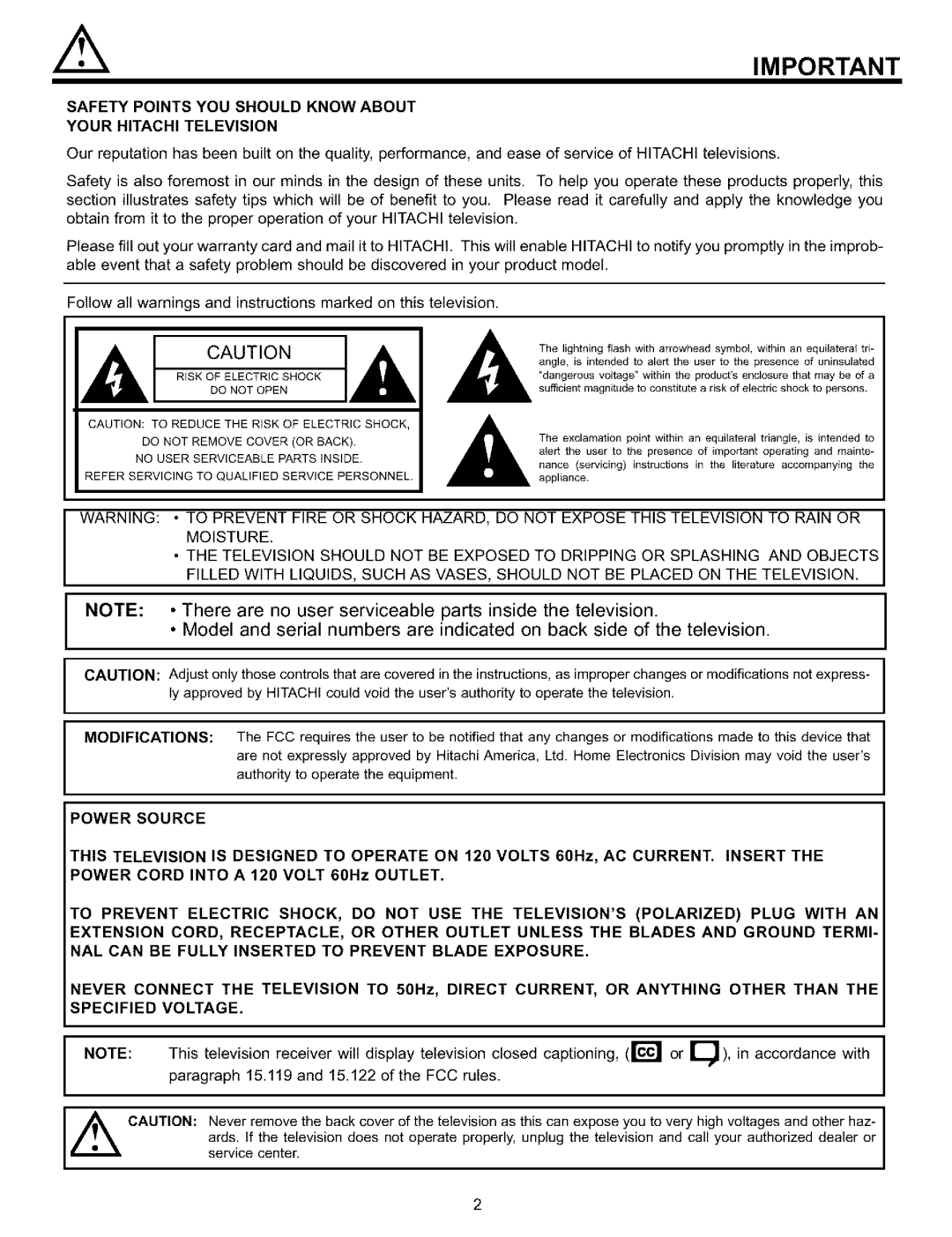 Hitachi 51S700, 57S700, 65S700 important safety instructions Safety Points YOU should Know about Your Hitachi Television 