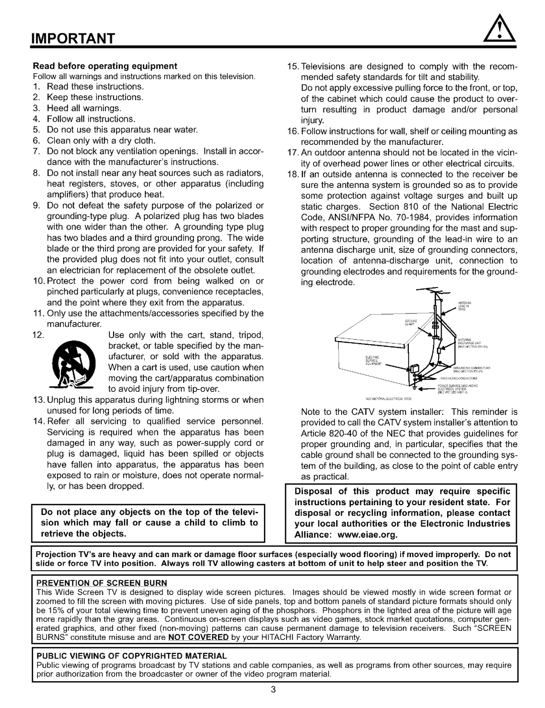 Hitachi 57S700, 65S700, 51S700 Prevention of Screen Burn, Public Viewing of Copyrighted Material 