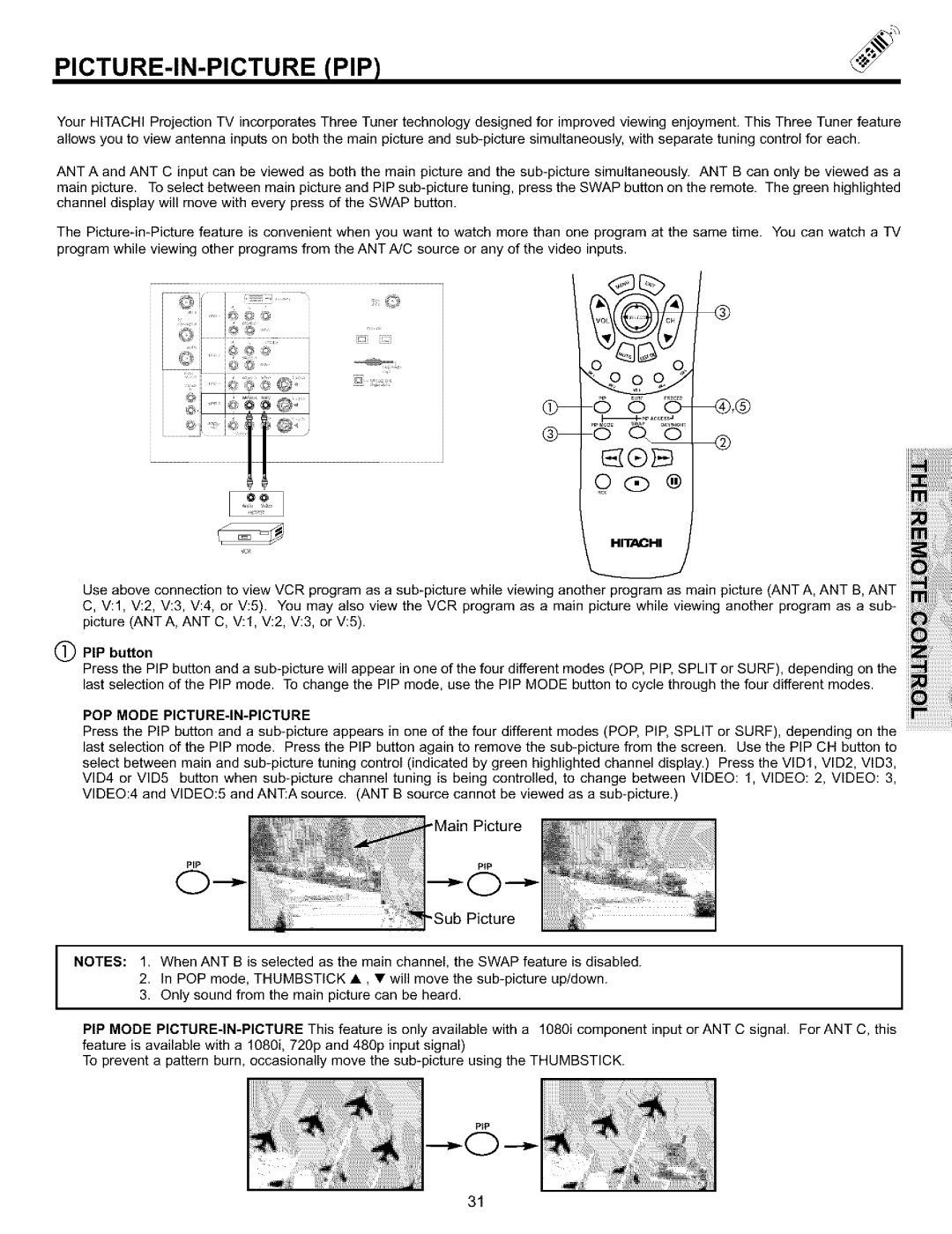 Hitachi 65S700, 57S700, 51S700 important safety instructions Picture-In-Picture Pip, PIP button, POP Mode PICTURE-IN-PICTURE 